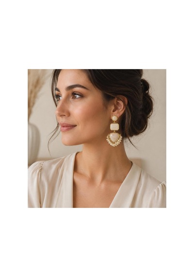 Krem Taşlı Gold Çerçeveli İnci Detaylı Kadın Küpe Gösterişli Sallantılı Küpe Krem Gold - 886835889 Krem Gold - 886835889 Krem Gold