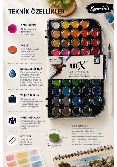 Art-x 48 Renk Solid Suluboya Seti Su Hazneli Fırça Kalemli Profesyonel Tablet Boya Krem