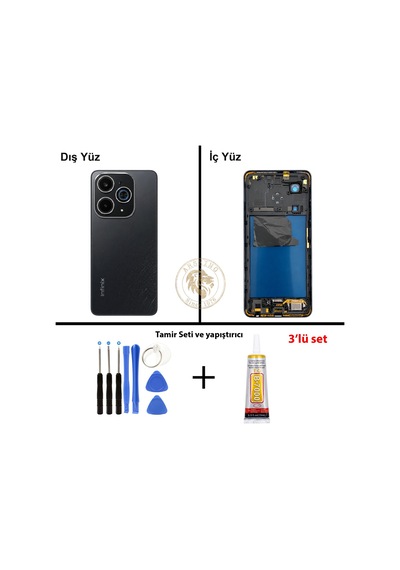 Infinix Hot 40i Siyah Uyumlu Orta Kasa + Yapıştırıcı Ve Vida Seti Full Kasa Kapak Gövde Housing Diğer