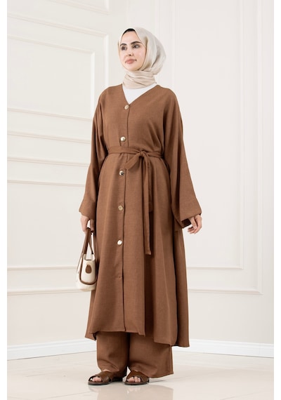 Sevitli Düğmeli Davin Abaya İkili Takım-kahverengi-5978