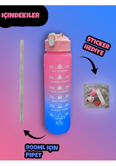 Motivasyonel Su Matarası Pembe Suluk 900ml Spor Salonu Su Şişe... Pembe
