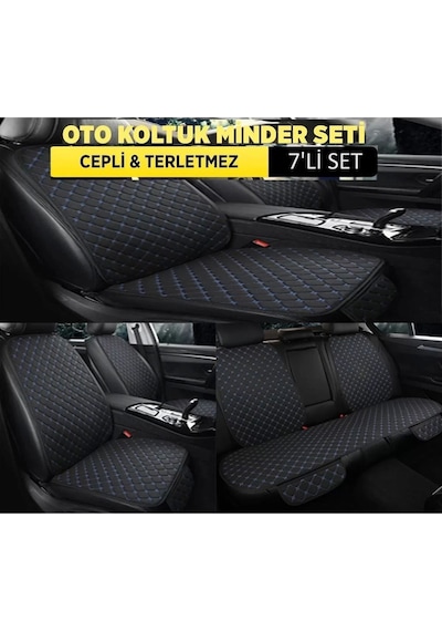 Araba Terletmez Üniversal Koltuk Minderi 7 Parça - 5 Koltuk Tam Set Siyah Mavi