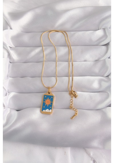 316l Çelik Gold Renk Mavi Mineli Güneş Model Tarot Kolye - Lisinya