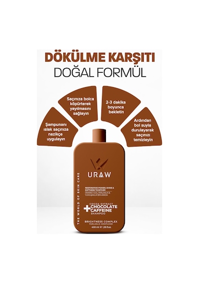 Uraw Çikolata Kafein İçerikli Yoğun Onarım ve Parlaklık Veren Şampuan 400 ML