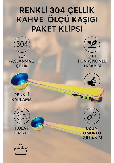 Renkli Çelik Kahve Ölçü Kaşığı Paket Klipsi Cin108ml