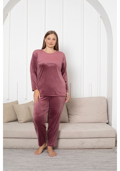 Büyük Beden Kırmızı Likralı Soft Kadife Pijama Takımı GÜL KURUSU