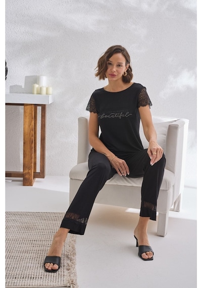 Sevim 13572 Taş Baskılı Pijama Takımı Siyah