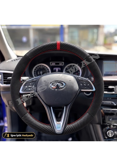 Infiniti Qx30 Dikme Direksiyon Kılıfı Alcantara Süet Mat Karbon Kırmızı Yüzük Ve Dikiş Awd-premium-sport 2016-2020