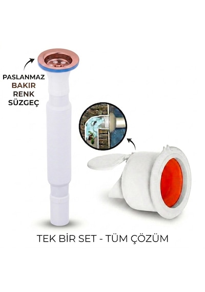 Antik Körüklü Lavabo Gider Si Fonu Üstü Paslanmaz Altı Plastik + Çekvalfli Conta Kötü Koku Böcek Kirli Su Önleyici Lavabo Gider Aparatı Rose