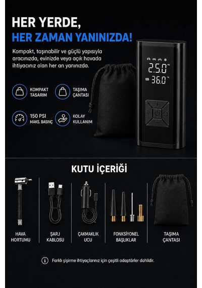 Tr Kablosuz Taşınabilir Hava Kompresörü 150 Psı, 6000 Mah, 120w