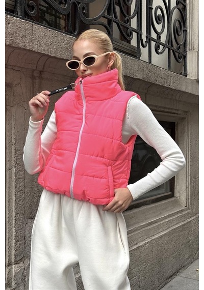 Genel Pembe Sırtı Taş İşlemeli Dik Yaka Kısa Şişme Yelek
