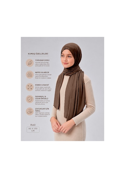 Sonbaharmoda Kız Çocuk Penye Şal, Viskon Likralı, 60x150 Cm, 10-12 Yaş, Tesettür Şal. Çikolata