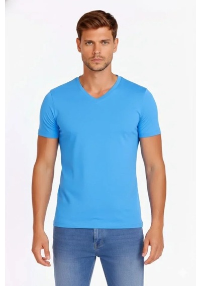 Butik İstanbul Erkek T-shirt V Yaka Slim Fit Dar Kesim Likralı Tişört Günlük Basic Body - Açık Mavi