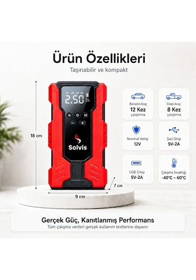 Solvis 4'ü 1 Arada 12v Akıllı Akü Takviye Cihazı, Lastik Şişirme Pompası, Powerbank Ve Led Aydınlatma Çanta Hediyeli