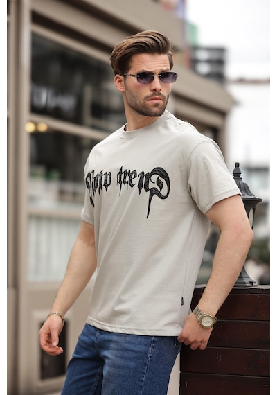 Madmext Boyalı Gri Baskılı %100 Pamuk Erkek T-shirt E7141 Boyalı Gri