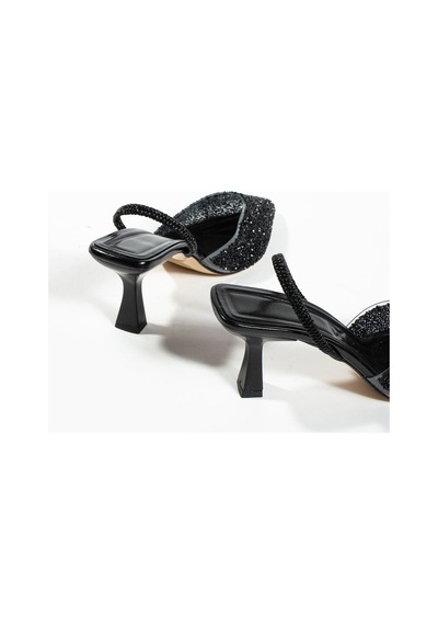 Duxal Shoes London Cam Kırıntıları Detay Arkası Açık Topuklu Ayakkabı Siyah