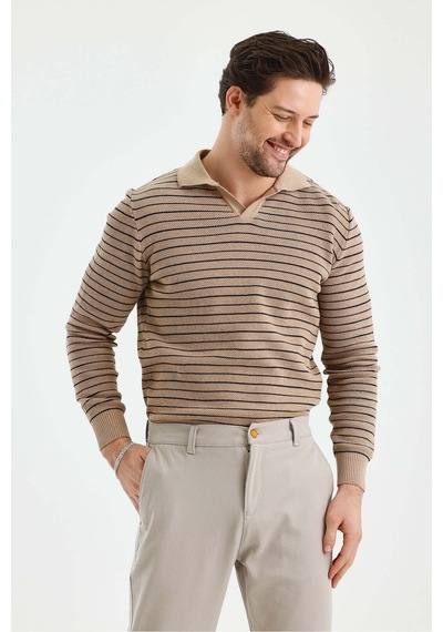 Cool Tarz Erkek Patlı Slim Fit Çizgi Detaylı Uzun Kollu Polo Yaka Triko Kazak Taş Taş