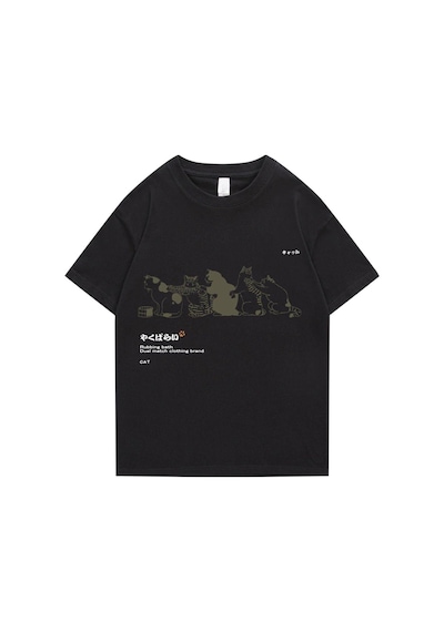 Flood Of Style Erkek Siyahı Kedi Baskılı Oversize Bisiklet Yaka Tshirt Siyah