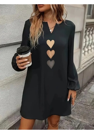 Efnaz Style Kadın Uzun Kollu V Yakalı Kalp Desenli Mini Ithal Krep Elbise Siyah