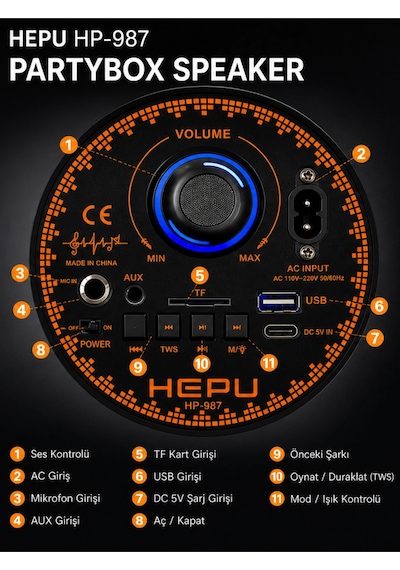Hepu Hp-987 Işıklı Parti Hoparlörü - Tws Bağlantılı & Kablolu Mikrofonlu Taşınabilir Ses Sistemi