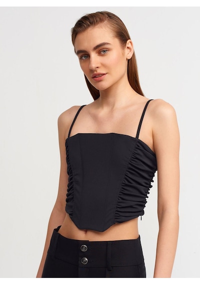 Dilvin 20129 Büzgülü Detaylı Askılı Crop Top-siyah-619 Siyah