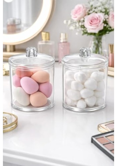 Şeffaf Pamukluk & Kulak Çubuğu Kabı 2'li Set Banyo Düzenleyici Organizer Beyaz Tek Ebat Diğer