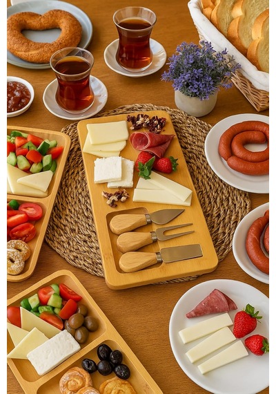 4 Parça Bambu Peynir Sunum Tahtası Ve Çatal - Spatula - Bıçak Seti, Peynir Kesim Panosu Ahşap 36 X 17 Diğer