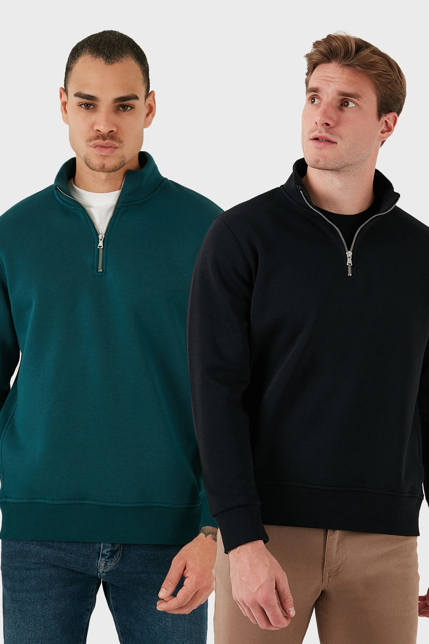 Buratti Pamuklu Regular Fit Dik Yaka 2'Li Paket Erkek Sweat 59052592S2 Petrol-Siyah