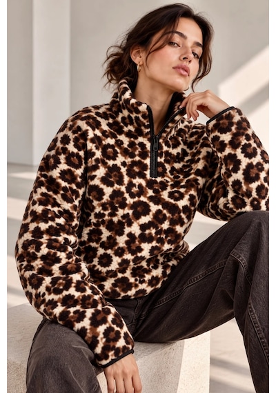 Bbbutikbasic Dik Yaka Yarım Fermuarlı Desenli Polar Sweatshirt My3535 Kahverengi Leopar Bbbutikbasic Dik Yaka Yarım Fermuarlı Desenli Polar Sweatshirt My3535 Kahverengi Leopar