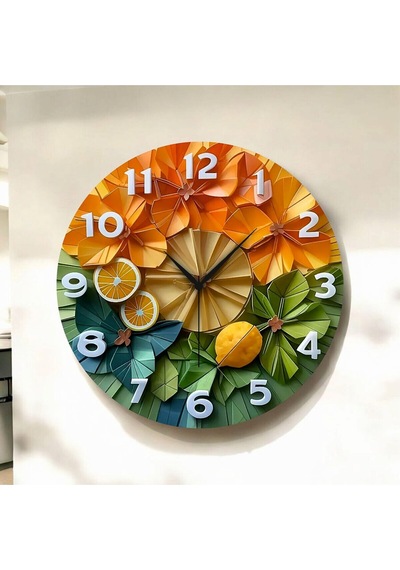 AA Shop Renkli Baskı Meyve Sebze Desenli Sayılı Hediyelik Ahşap Sessiz Duvar Saati 50cm ÇOk Renkli