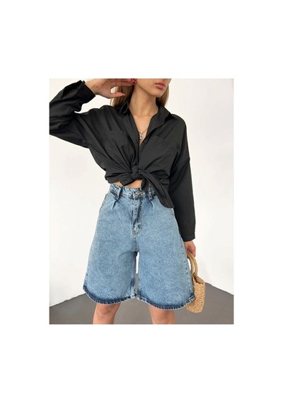Nido Moda Kadın Yüksek Bel Geniş Paça Denim Şort Mavi