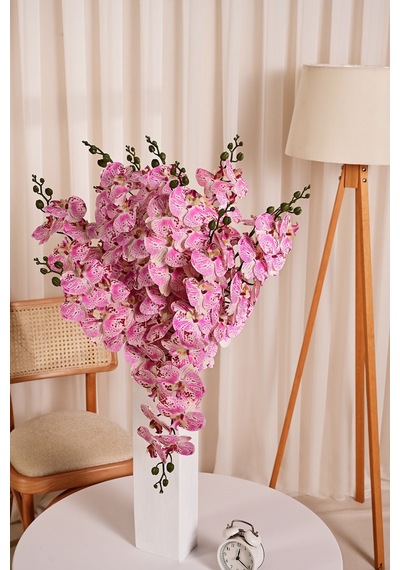 Pembe Yapay Orkide Çiçeği Tek Dal Premium Canlı Islak Dokulu 98 Cm