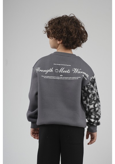 King-Brich Kingbrich Kids Bisiklet Yaka Kolu Garnili Baskılı Çocuk Sweatshirt Füme