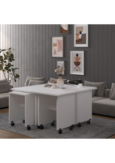 Asra Trend Akıllı Orta Sehpa OS003 %100 MDF 5 Parça Yavrulu Puf Sehpa Seti Beyaz