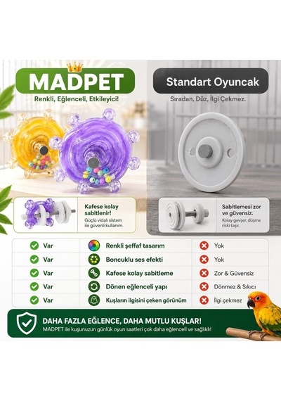 Madpet Kuş Oyuncağı Dönen Çıngıraklı Aksesuar - Muhabbet Kuşu Papağan Sultan Paraket İçin Kafes İçi Sesli
