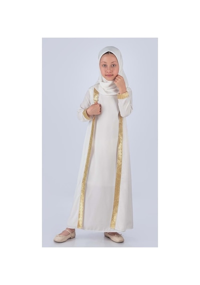 Mnk Baby & Kids Medine İpek Kumaş Eşarplı Tesettür Namaz Elbise M00742 Ekru