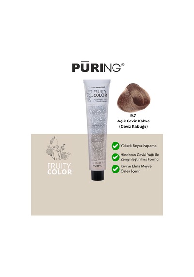 Puring Fruity Color Meyve Asitli Profesyonel Krem Saç Boyası 100ml - 9.7 Açık Ceviz Kahve Ceviz Kabuğu