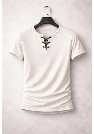 Bybülent Özel Üretim İpli Yaka Geniş Yaka Bisiklet Yaka Tişört Tshirt Beyaz