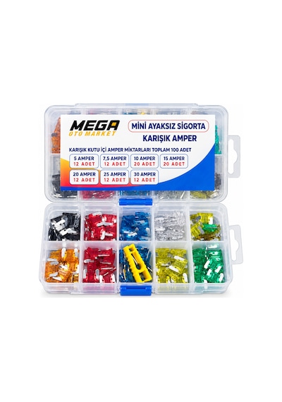 Mega Oto Market 100 Lü Mini Ayaksız Bıçak Sigorta Seti 5a 30a Karışık Amper Bölmeli Kutu