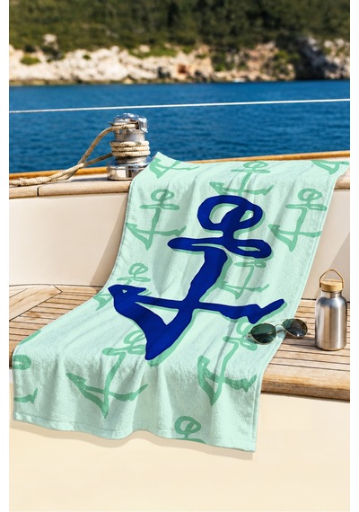 Çapa Marine Mint Plaj Havlusu - Akdeniz Modern Lacivert Turkuaz Hızlı Kuruyan Mikrofiber Havlu Çok Renkli
