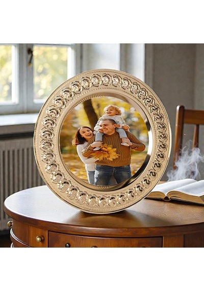 Kişiye Özel Fotoğraf Basklı Metal Tabak Plaket Gül Desenli Gold Ve Gümüş Renk 25 Cm