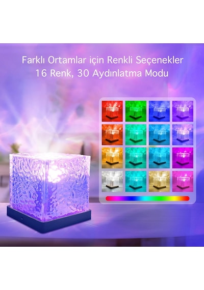 Kristal Kuzey Işıkları Okyanus Dalgası 16 Renk Projektör Dahili Pil Gece Lambası Kumandalı Doku Diğer