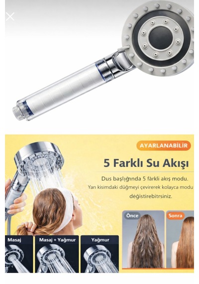 Spa Masaj Özellikli Duş Başlığı Banyo Duş Başlığı 5 Fonksiyonlu Duş Başlığı Gri Eva Diğer