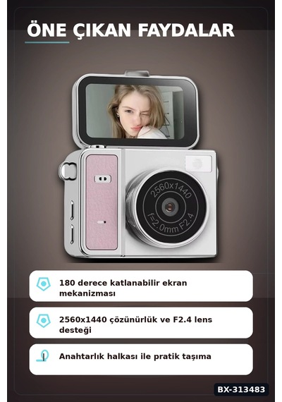 2k 1.47 İps Ekranlı 180 Derece Katlanabilir Mini Vlog Kamerası - Anahtarlık Boy Bx-313483 Rekli