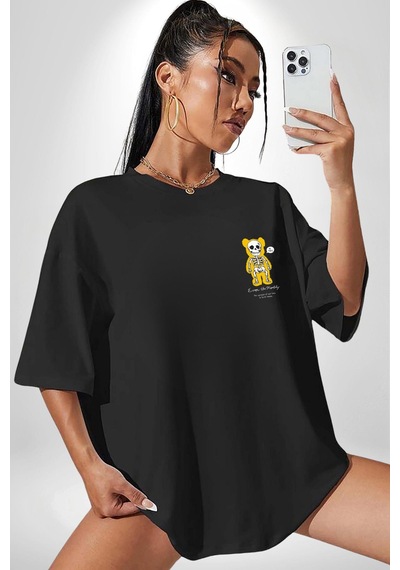 Mutlu Ol Siyah Oversize Unisex Ön Sol Yan Minimal Baskılı Tişört Koyu Siyah