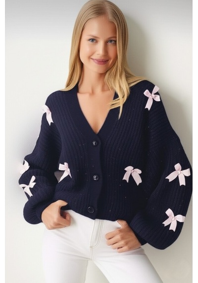Flex Fashıon Kadın Oversize Fiyonk Detaylı Kurdaleli Yumoş Triko Hırka Lacivert - 708830991 Lacivert - 708830991 Lacivert
