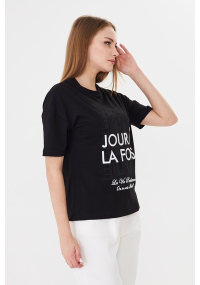 Sortie Collection Jour À La Fois Yazı Baskılı Rahat Kalıp Basic Tişört Siyah