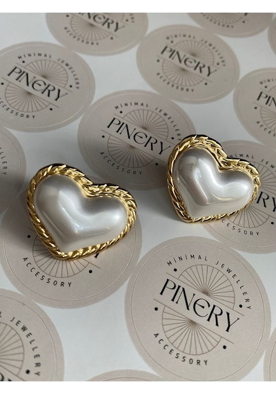 Pinery Jewels İncili Kalp Paslanmaz Çelik Kadın Küpe Çifti Altın