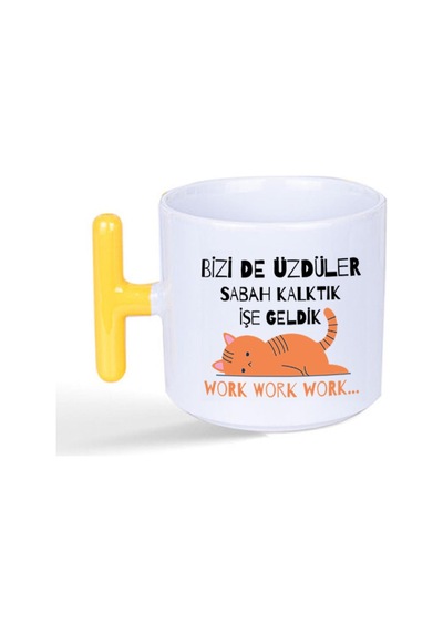 Bizi De Üzdüler Turuncu Kedi Baskılı Sarı Kulplu T Kupa