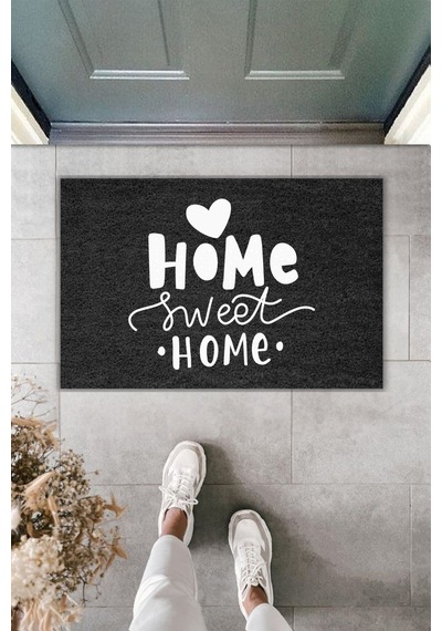 Rugmood Modern Dijital Baskı Paspas - Kalp Home Sweet Home - Kapı Önü Paspası 70x45cm Siyah
